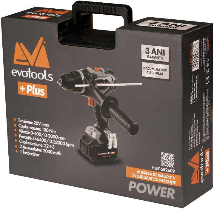 Masina de Gaurit si Insurubat Brushless cu Percutie cu 2 Acumulatori si Incarcator MAX 20V POWER Evotools Plus
