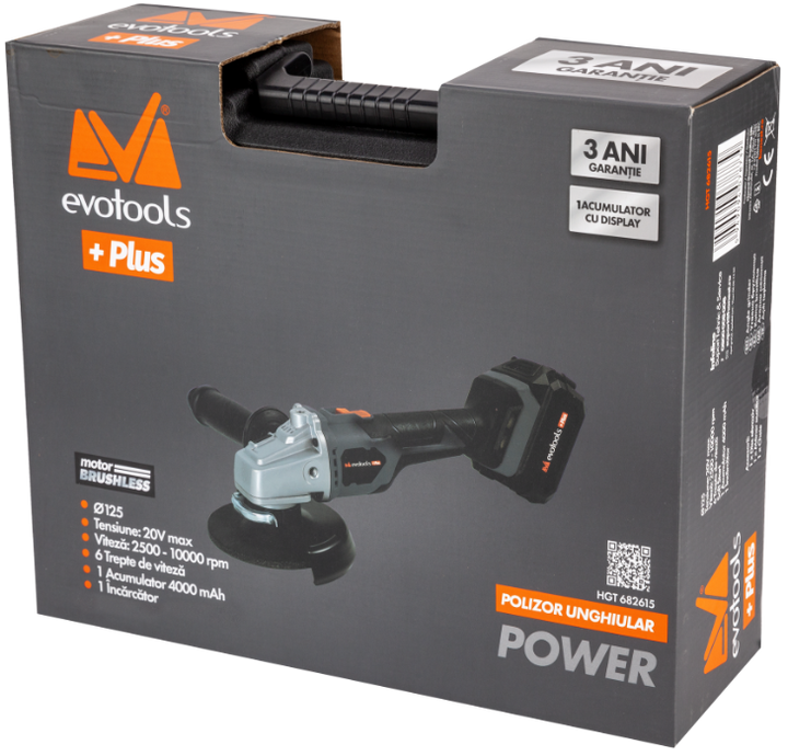 Polizor Unghiular Brushless cu Acumulator si Incarcator MAX 20V POWER Evotools Plus